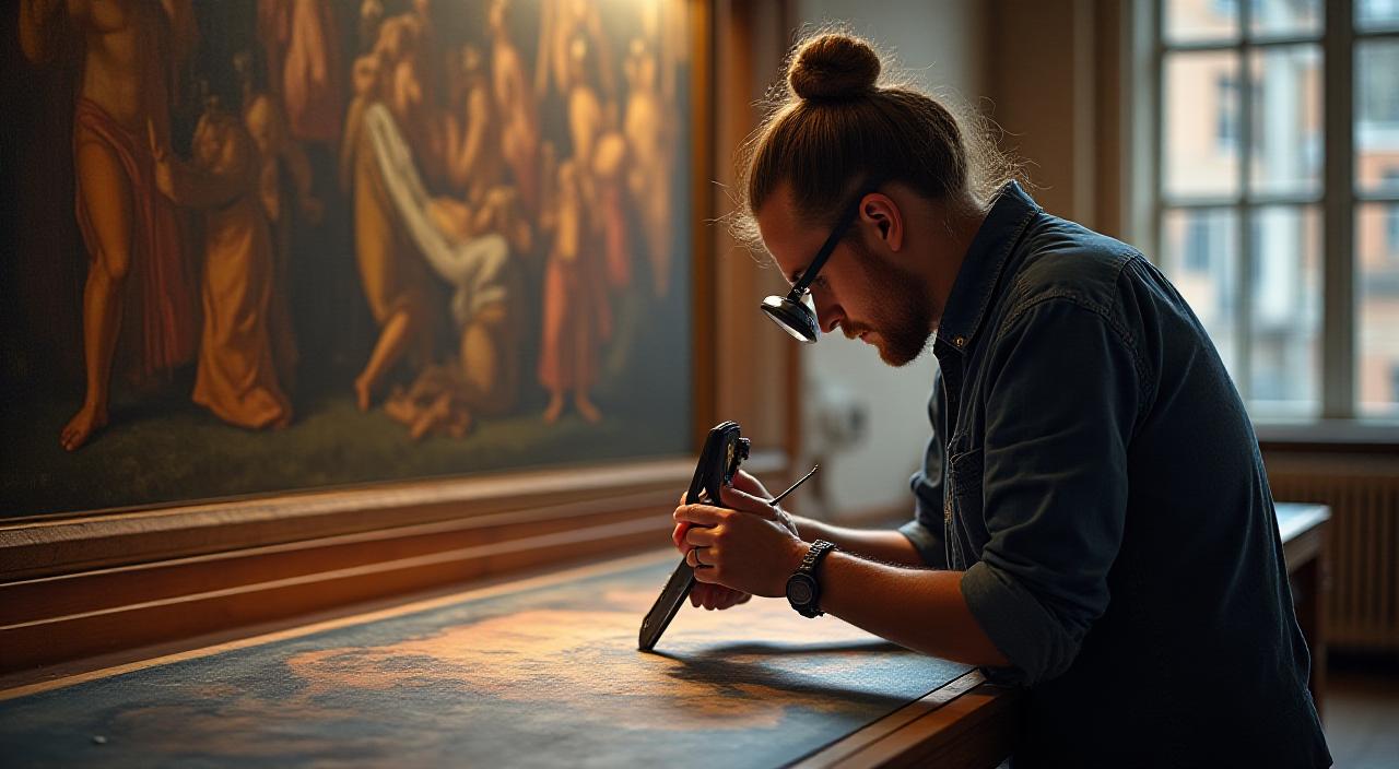 Art restorer working on a Renaissance painting