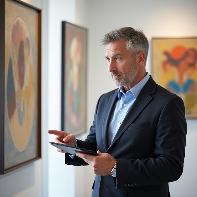 Consultant showing art market analysis on a tablet